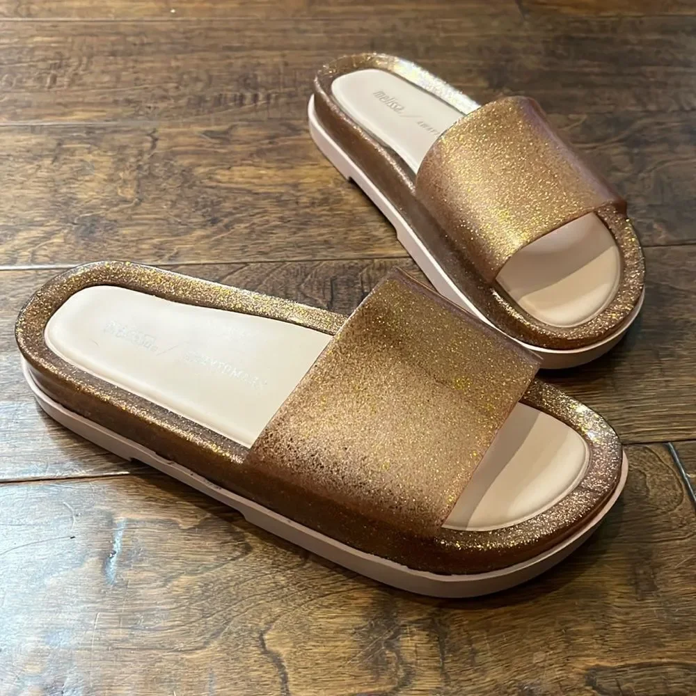 MELISSA BEACH SLIDE PLATFORM + AWAY TO MARS, Gold Glitter, size 6